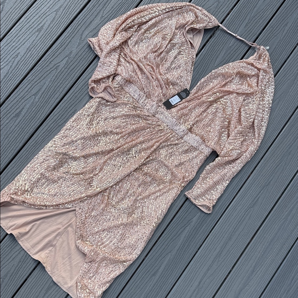 Fashion Nova Champagne Sequin Wrap Midi Dress